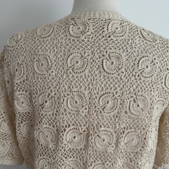 Vintage 1970s Hand Crocheted Open Knit Button Front Short Sleeve Cardigan Top M? - Picture 11 of 12